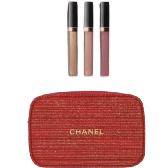 NWT Chanel Lip Gloss Trio Holiday Gift Set  Red/Gold Tweed Bag - Picture 3 of 6